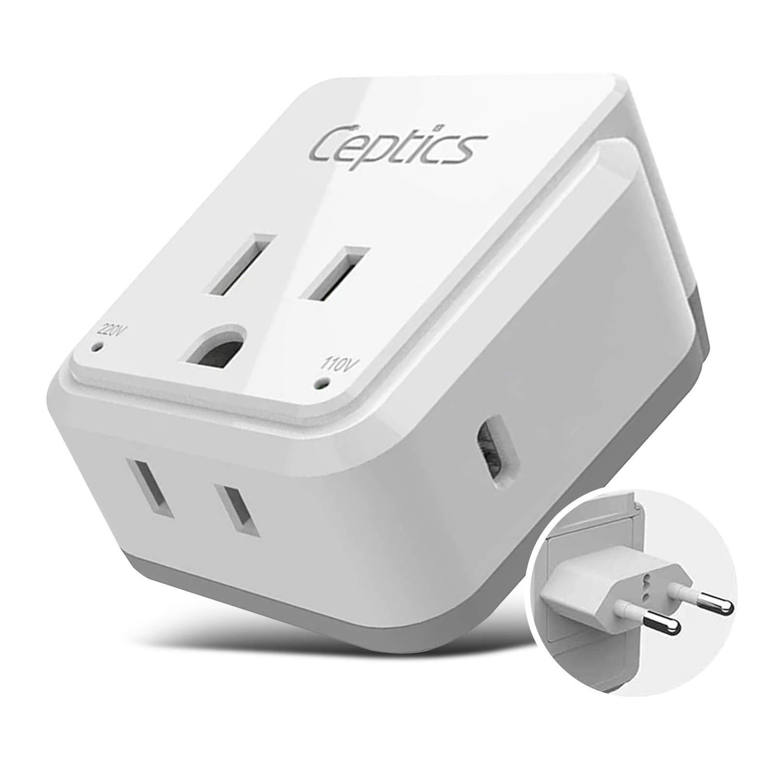 Ceptics European Plug Adapter, Safe USB-C 30W PD & QC 3.0-2 USA Socket - Compact Ceptics European Plug Adapter, Safe USB-C 30W PD & QC 3.0-2 USA Socket - Compact
