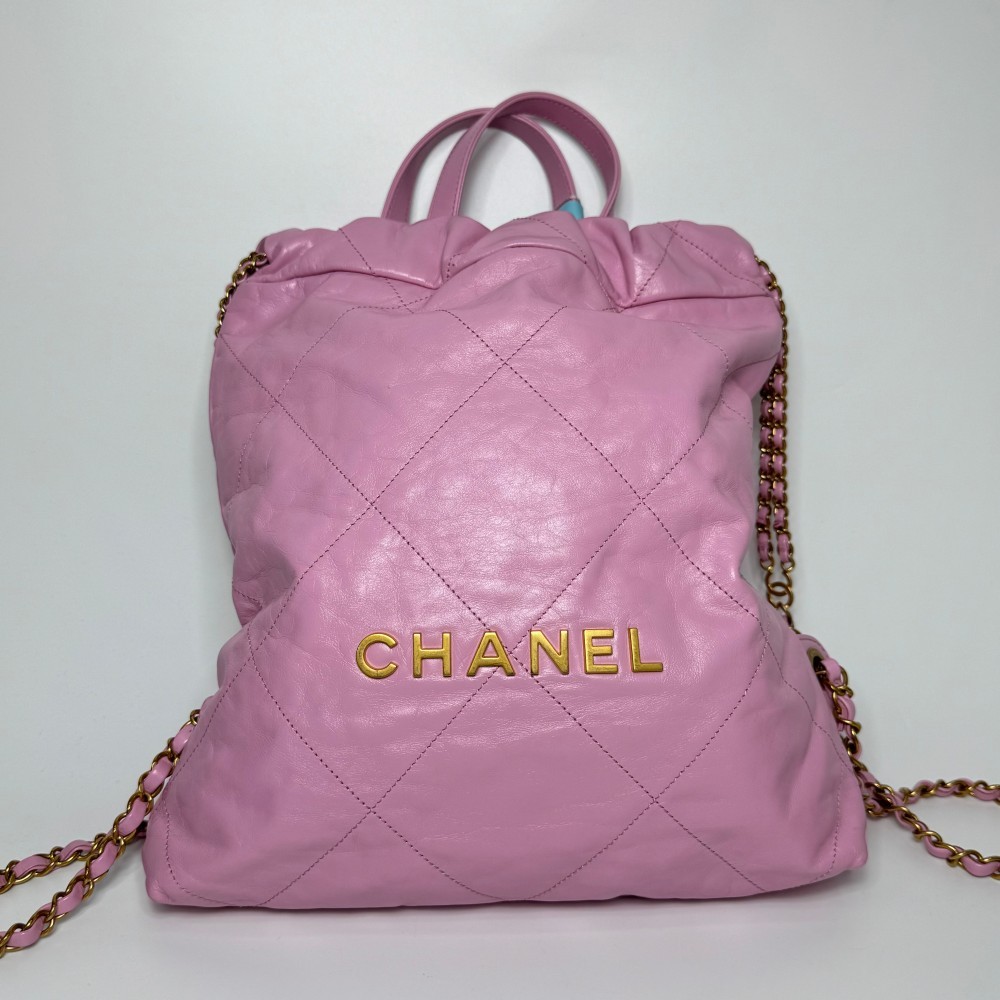 Chanel 22 Backpack Quilted Shiny Calfskin Pink Gold-Tone Bag