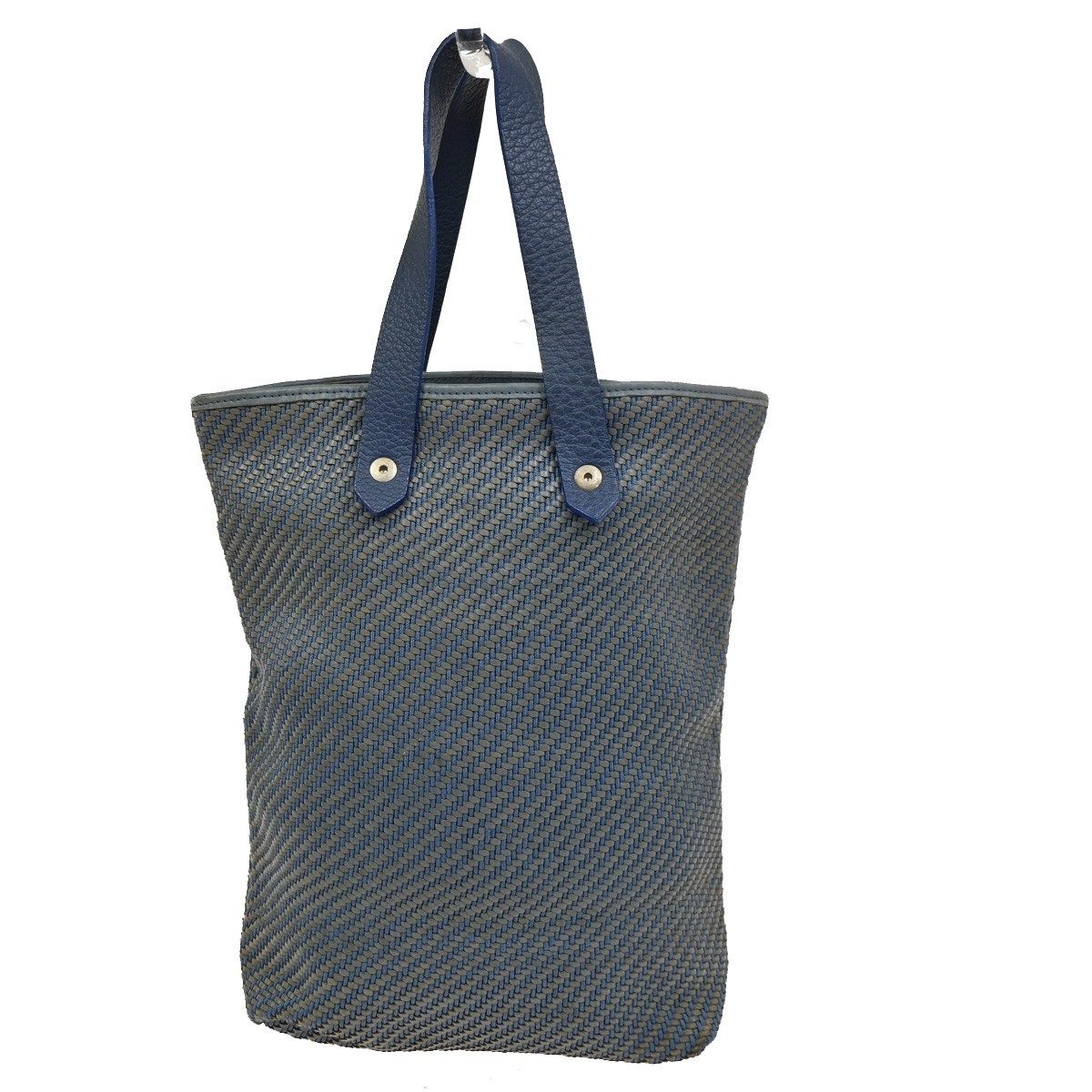 HERMES Logo Amedabadiago PM Tote Bag Leather Polyester Blue SHW 05CB096