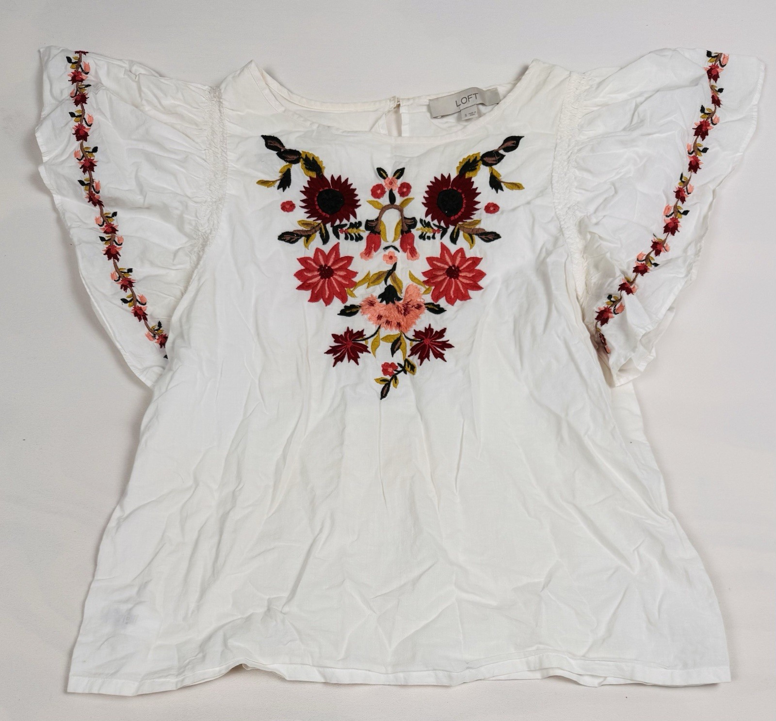 Loft Floral Embroidered Flutter Sleeve Blouse Womens S White Top