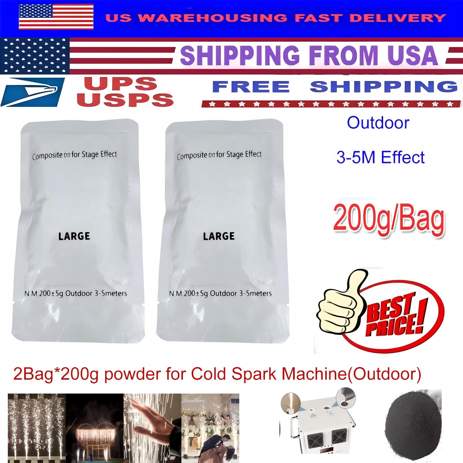 10/6/2 bags*200g Cold Sparks Machine Ti Powder,Outdoor 3-5M,for Stage(200g/Bag)