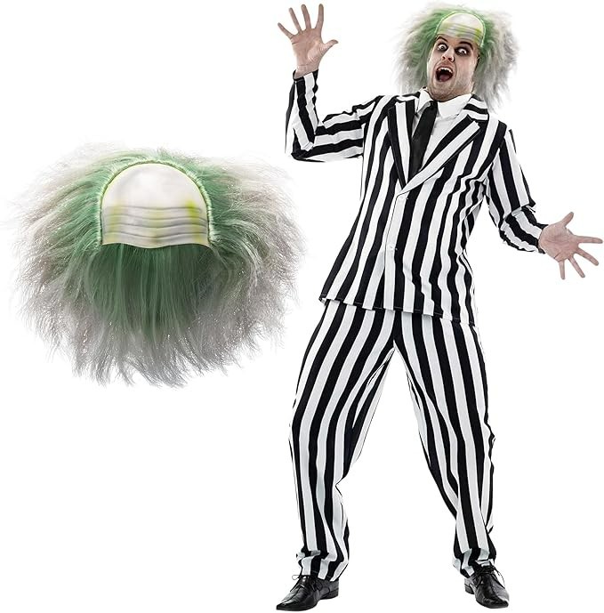 Men`s Beetlejuice Costume & Wig Adult Striped Mad Man Suit Horror Film Halloween Men`s Beetlejuice Costume & Wig Adult Striped Mad Man Suit Horror Film Halloween