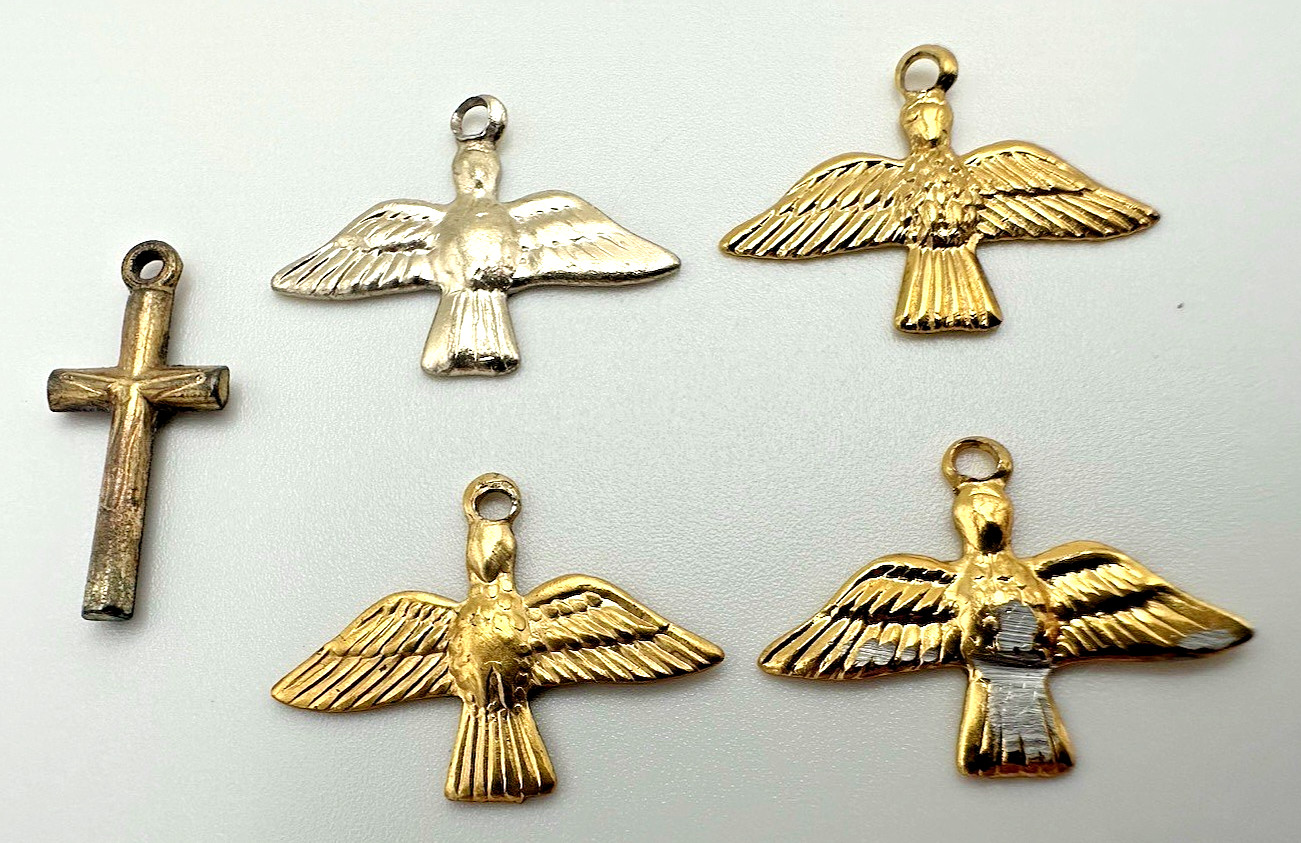 Vintage 1970 Holy Spirit Dove & Cross Lot 5pc Gold Silver Tone Religious Jewelry