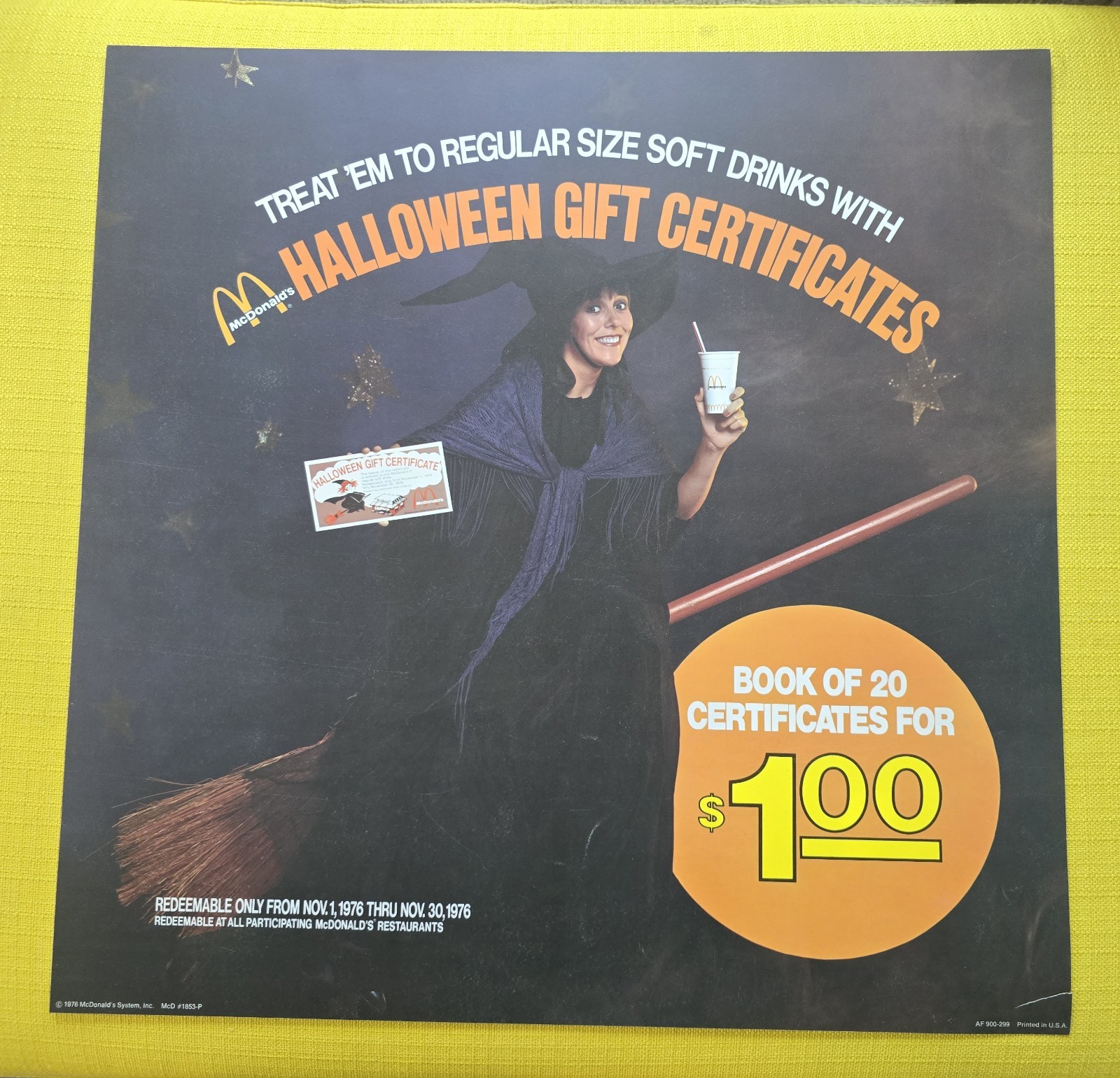 McDonald\'s 1976 translite sign Halloween Witch Gift Certificates 21.75\