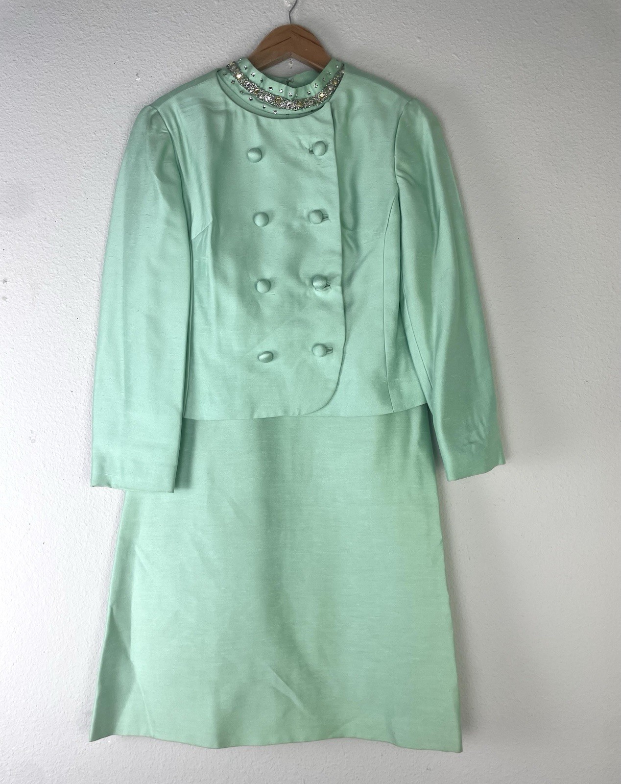 Vtg 60s Sakowitz Mint Green Dress Jacket Set Beaded Rhinestone Collar Suit Sz 12