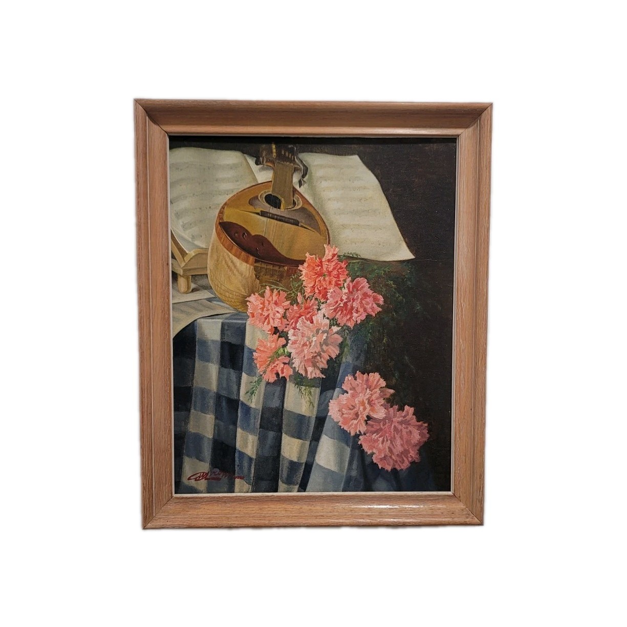 Musical Still Life Oil Painting / Pink Flowers Carnations Sheet Music Wall Art