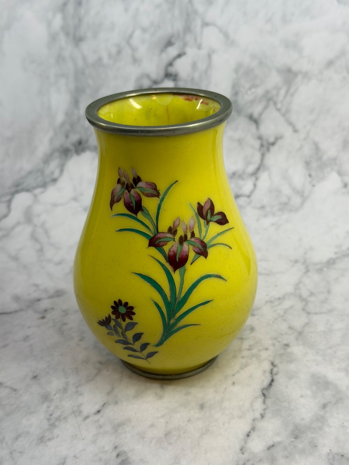 Vintage Japanese Cloisonne Vase Yellow Enamel Irises Silver Tone Rim 5 Inch