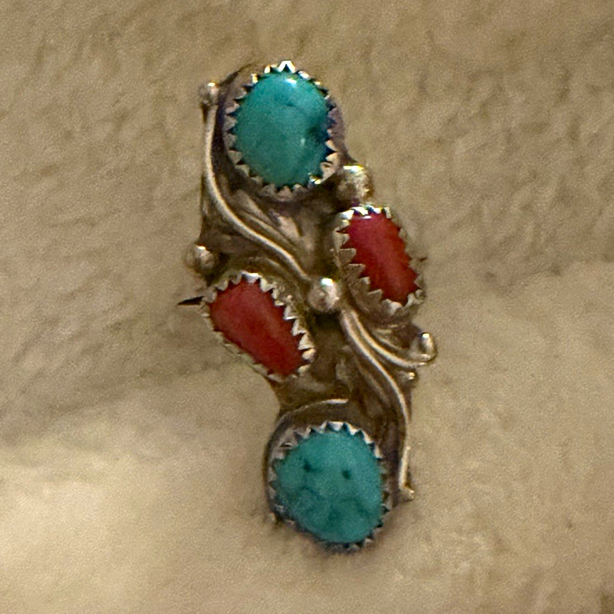 Native American 925 Sterling Silver Turquoise & Coral Cocktail Ring Sz 6.5