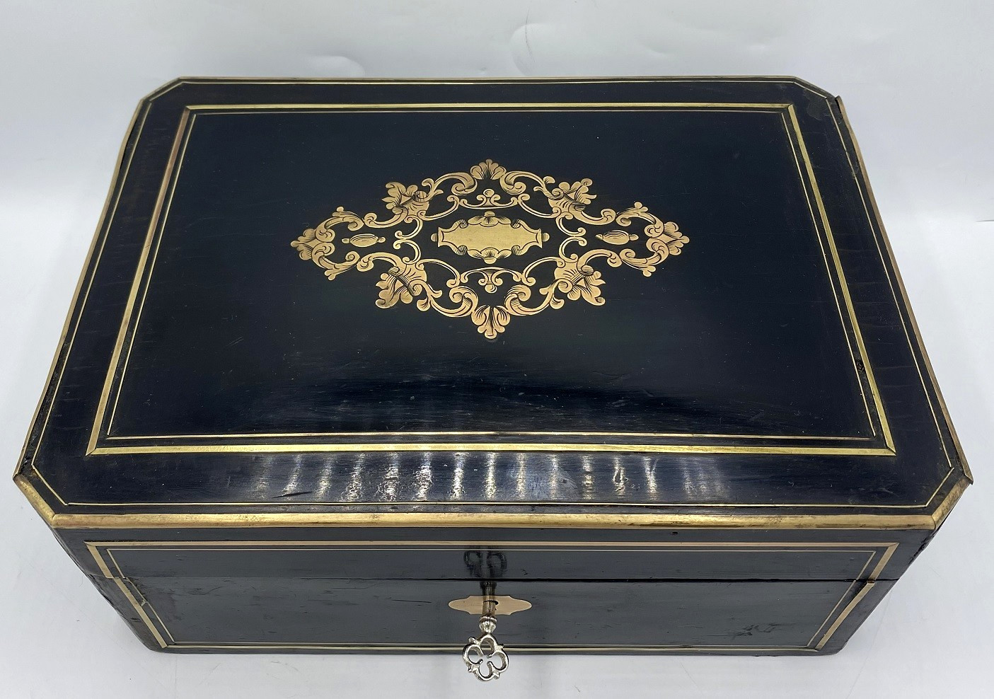 Large antique french Napoleon III box 19th century wood brass inlays