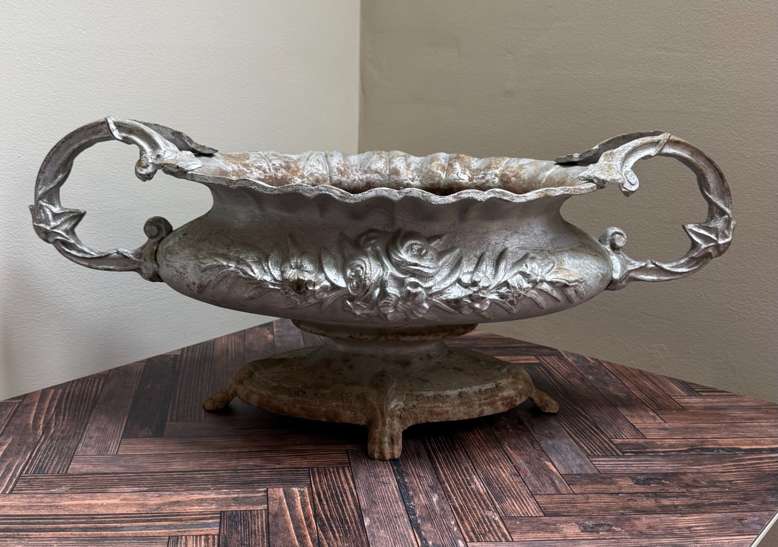 Antique Cast Iron Oval Jardinière, Floral Garland Relief, Foliate Scroll Handles