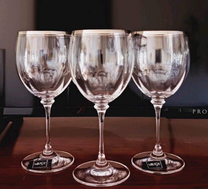  Mikasa Crystal Stephanie Platinum Water Goblets/Glasses - Set/3 - NEW 