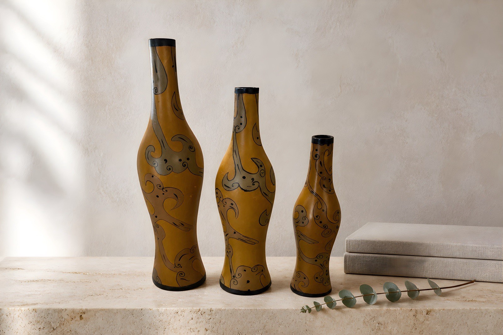 Set of three contemporary ceramic vases 23.5”,19.5”, 15.5”