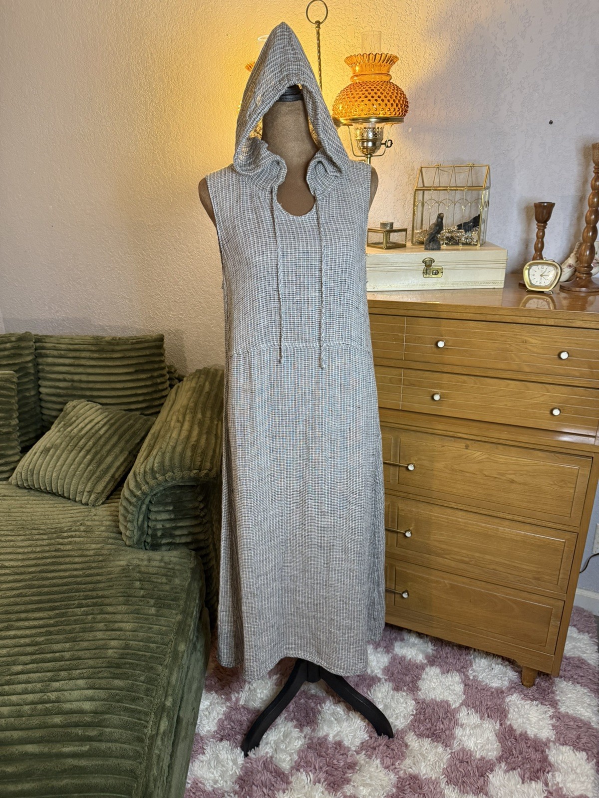 Vintage FLAX Jeanne Engelhart Linen Hooded Dress Small Gray Plaid Utopia Tag