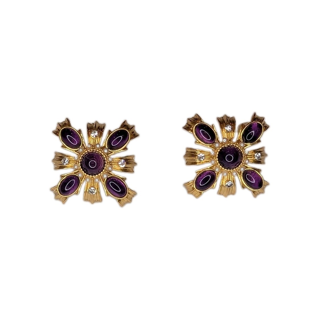 Vintage KOVONCHY Gold Tone Purple Cabochon Statement Clip On Earrings