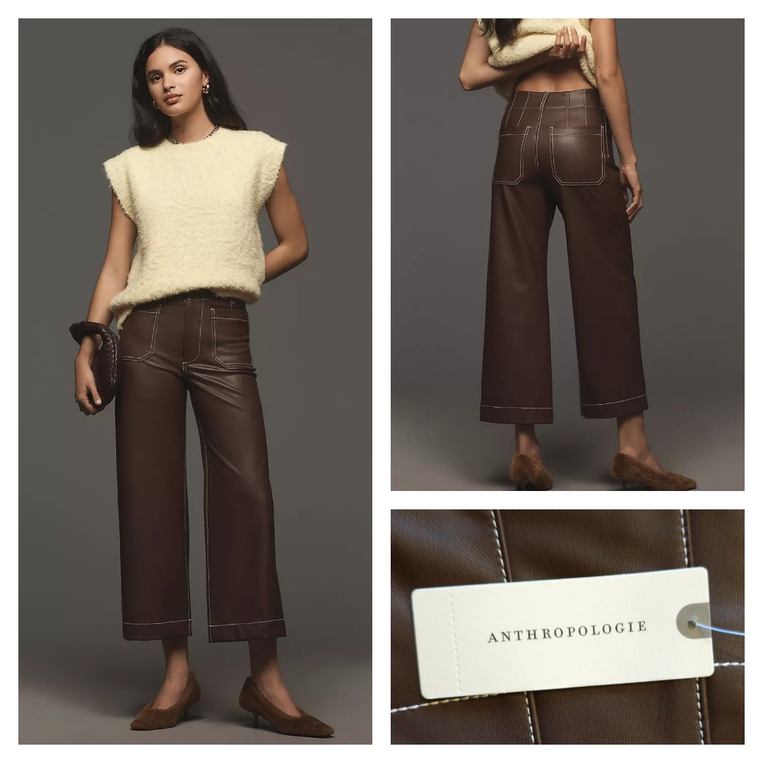 Anthropologie Maeve The Colette Cropped Wide-Leg Faux-Leather Top-Stich 28 NWT