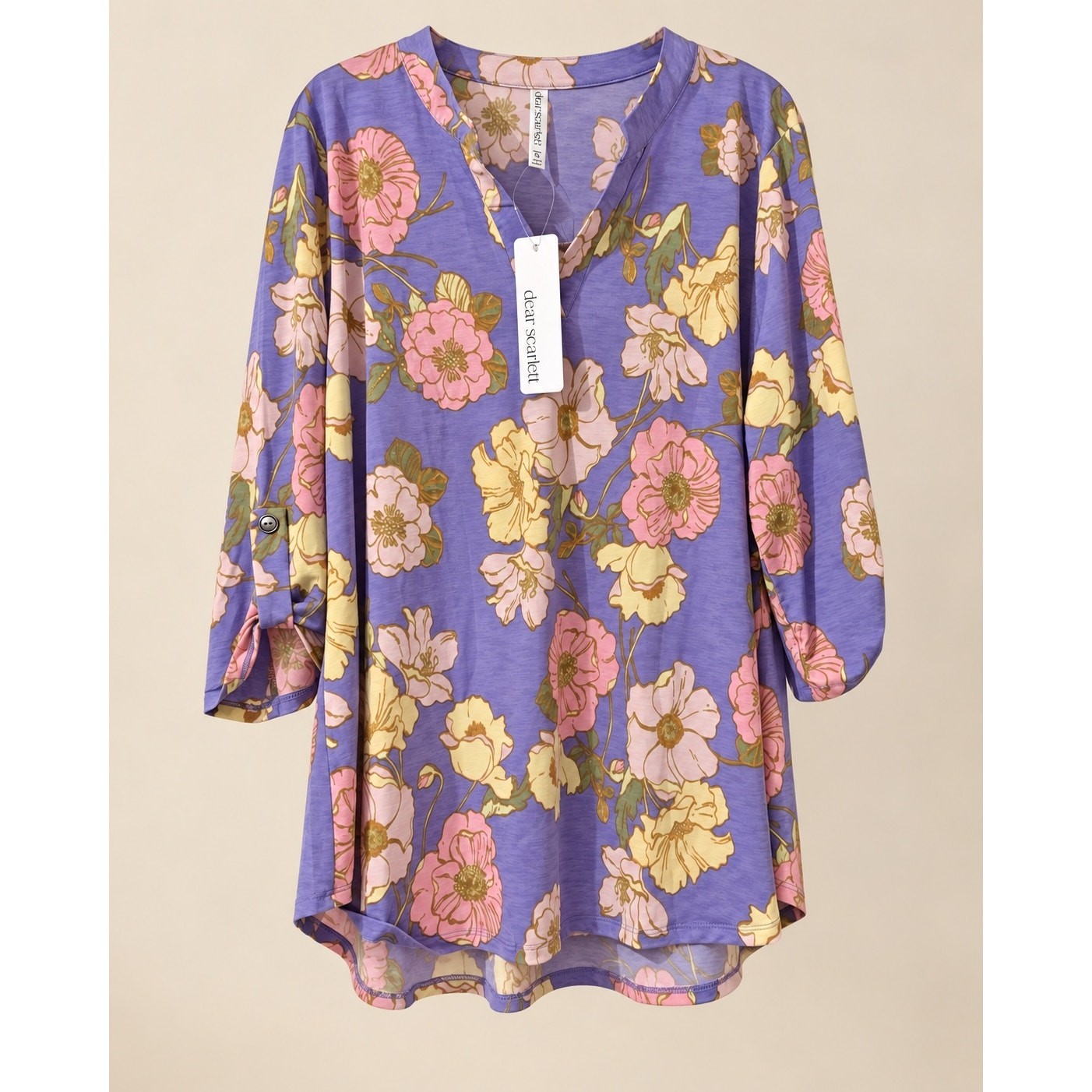 Dear Scarlett Floral Tunic Top Womens XL Purple Pink Roll Tab Sleeve NWOT