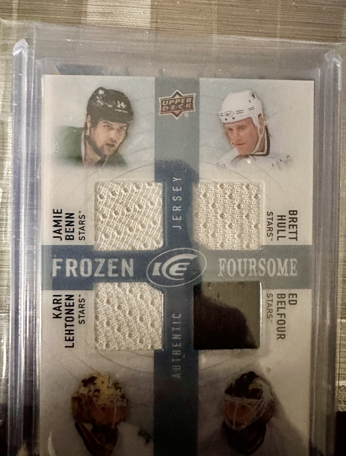 2014-15 Ice Frozen Foursomes Relics Jamie Benn Brett Hull Kari Lehtonen HOF 1p0