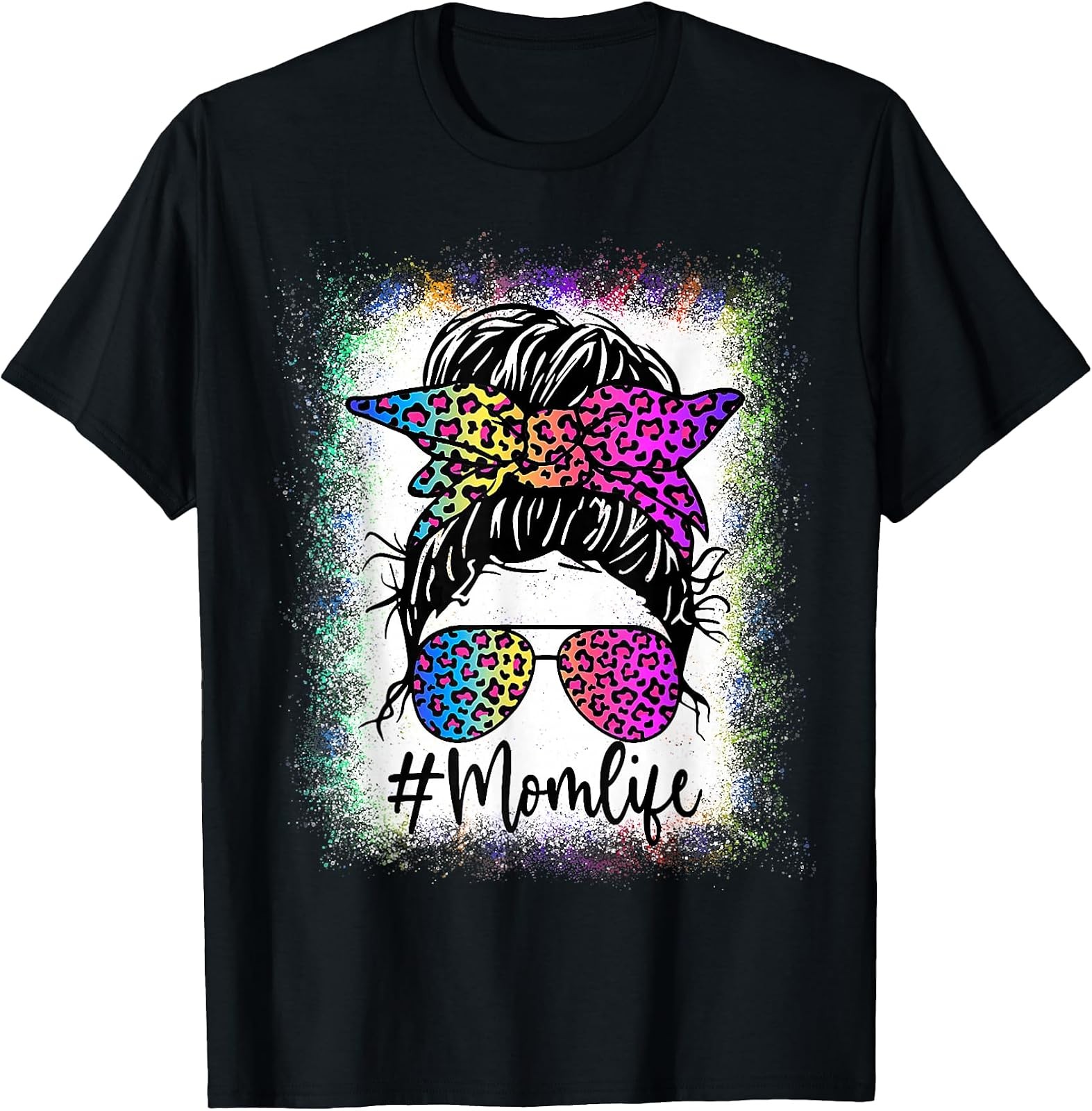 Womens Bleached Rainbow Leopard Mom Life T-Shirt with Messy Bun Design Womens Bleached Rainbow Leopard Mom Life T-Shirt with Messy Bun Design