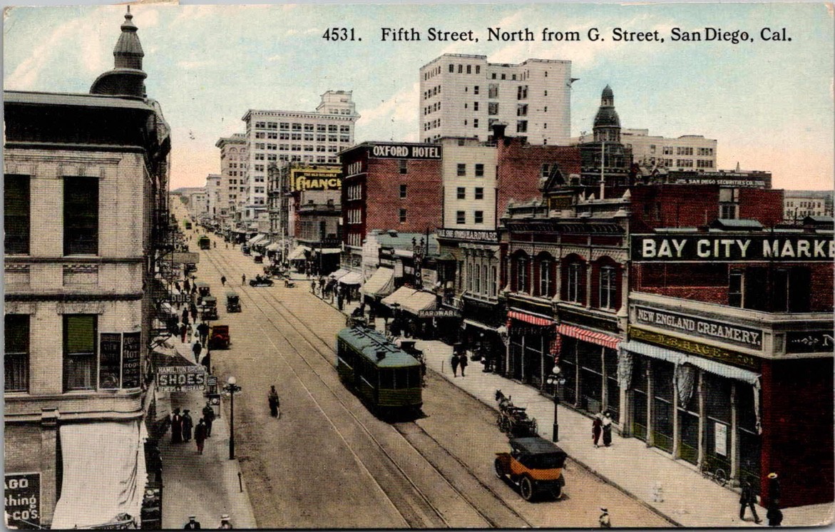 c1915 Fifth St North From G St San Diego California CA Trolley Oxford Postcard