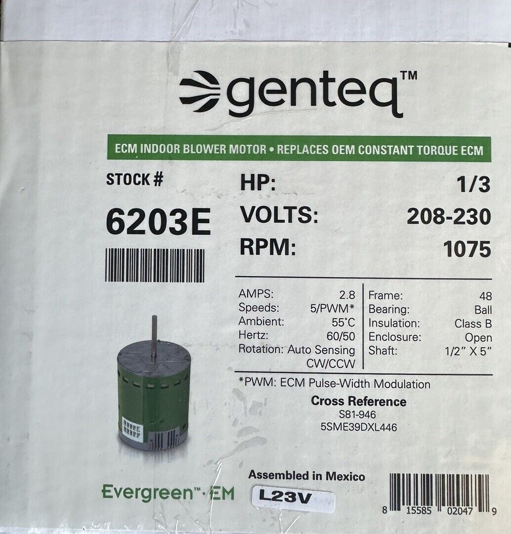 Genteq Motors 6203E Evergreen EM ECM Replacement Blower Motor, 1/3 HP (230V)