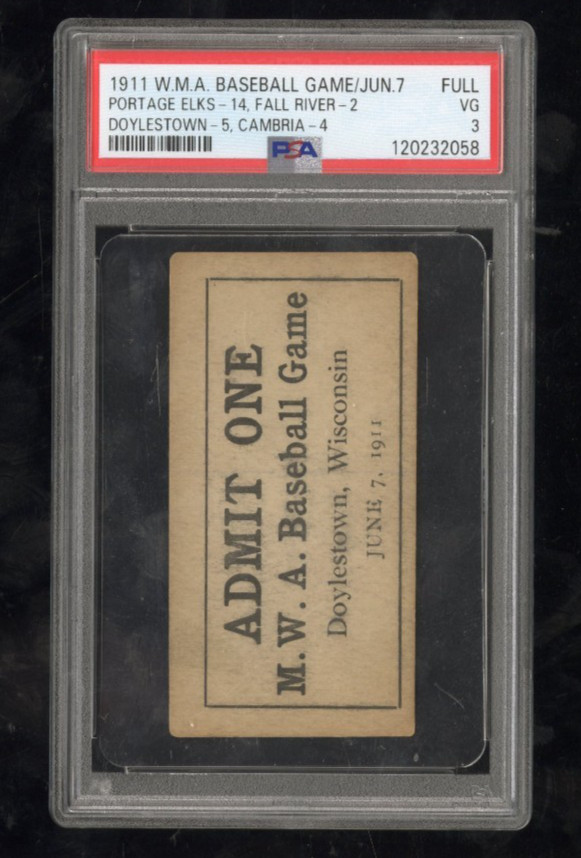 1911 W.M.A. Baseball Full Ticket Stub Portage Fall River Doylestown PSA 3 1911 W.M.A. Baseball Full Ticket Stub Portage Fall River Doylestown PSA 3