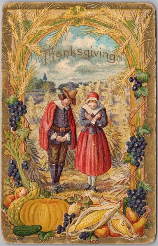 c1910s THANKSGIVING Embossed Postcard Pilgrim Man & Woman Praying in Corn Field