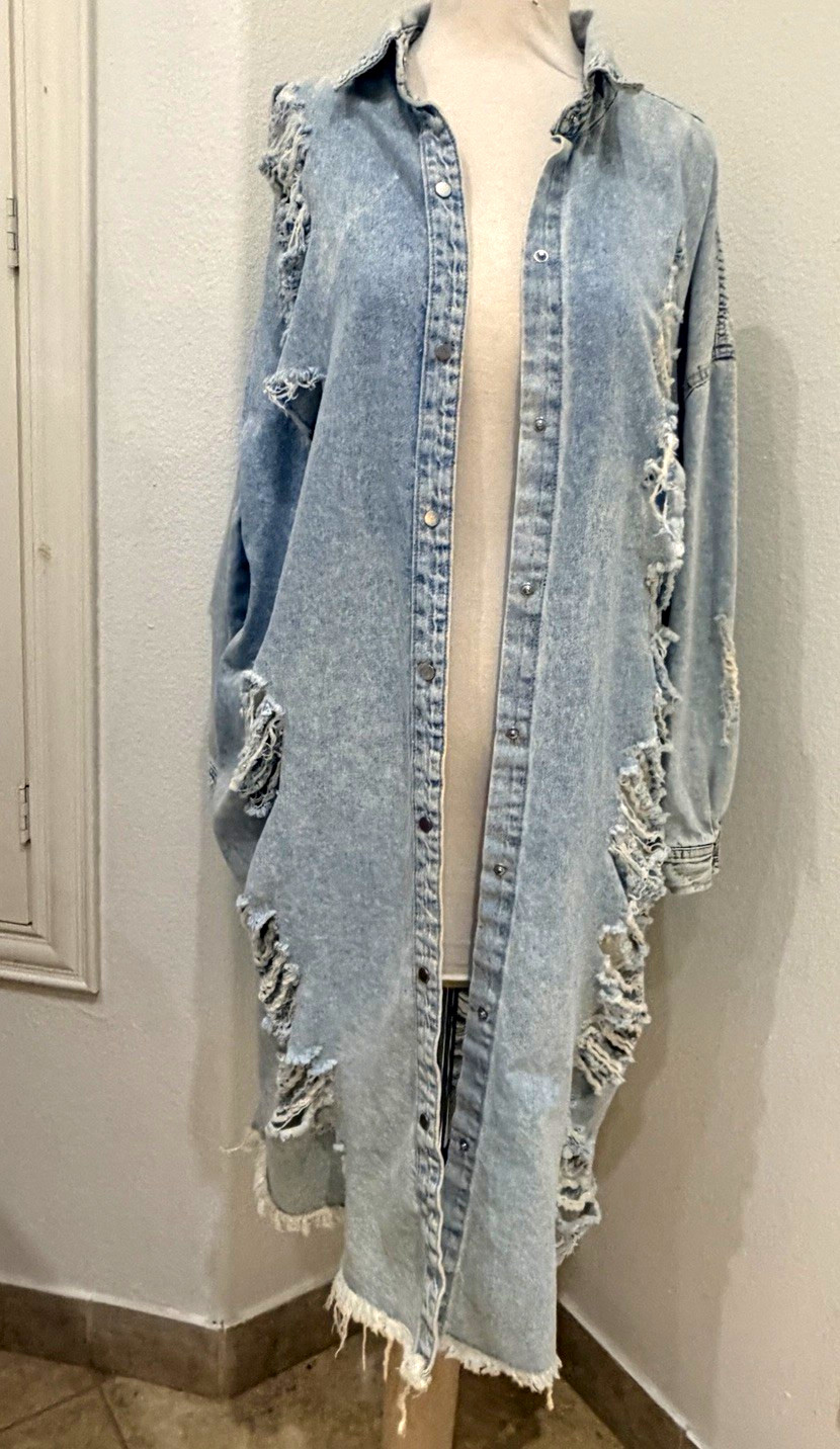 Highway Jeans Women\'s Blue Long Oversized Button Fringe Collared Shacket XL