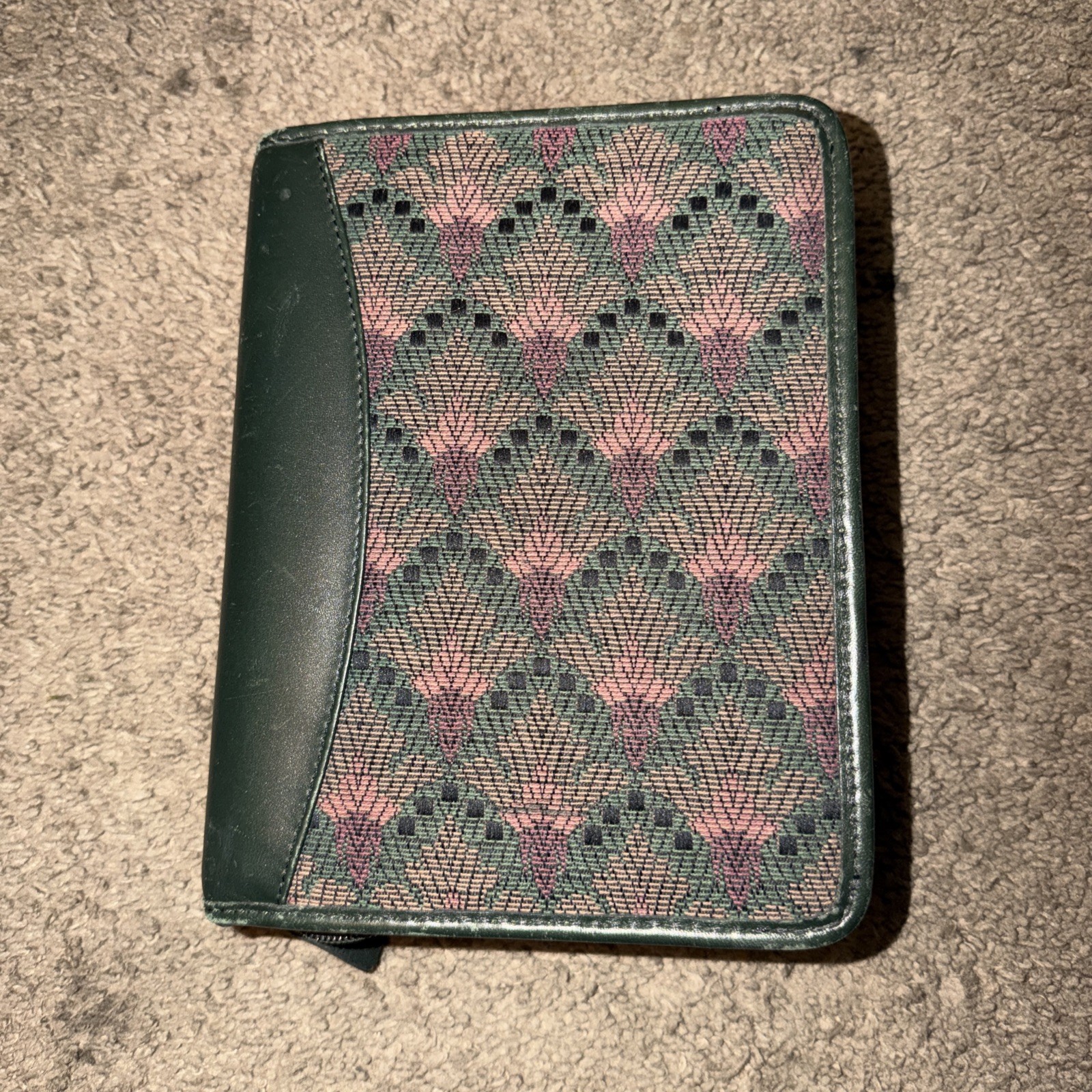 Vintage Franklin Quest 6 Ring Planner Green Leather Woven Tapestry Zip Classic
