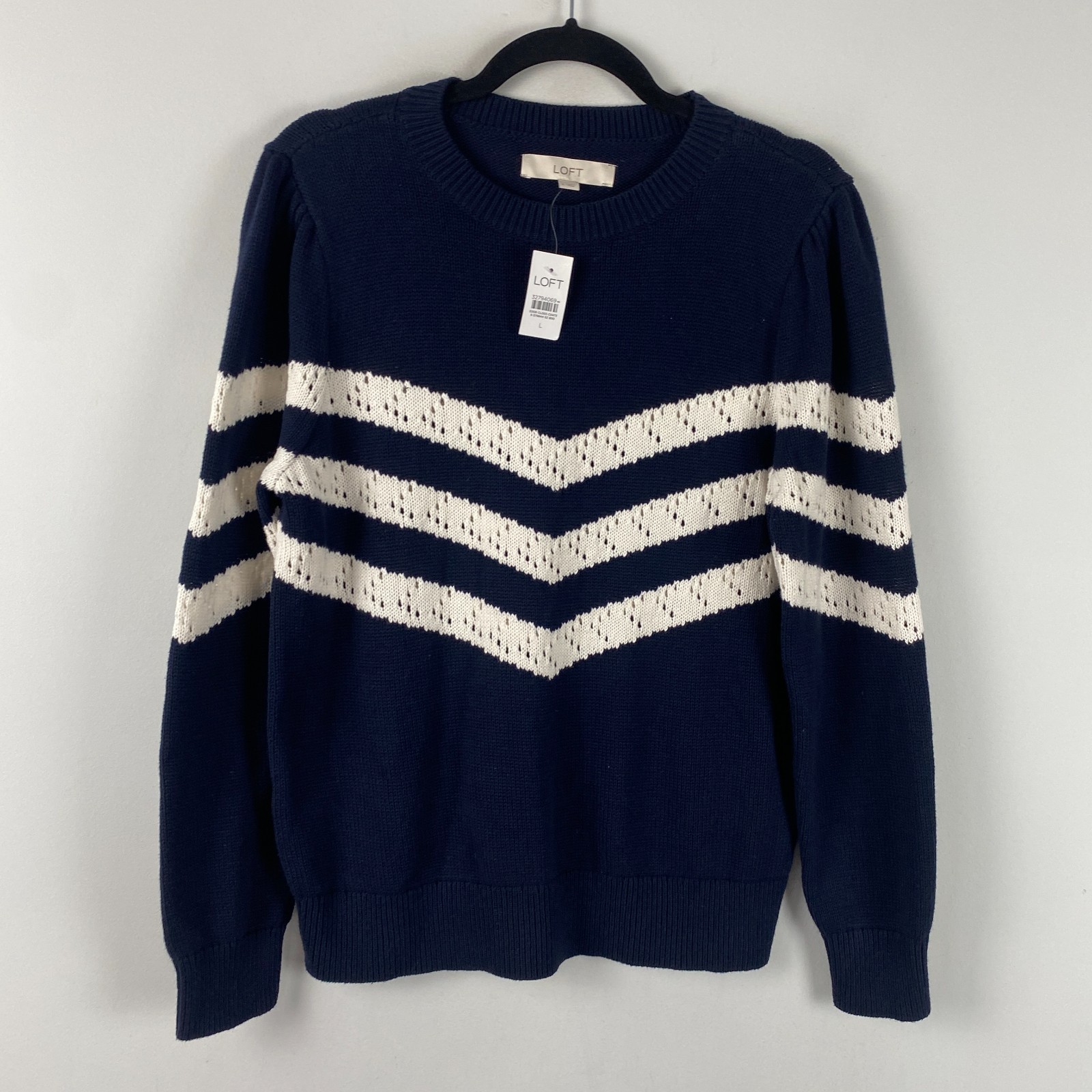 LOFT Navy Blue Puff Sleeve Chevron Sweater Size Large Cotton Crew Neck
