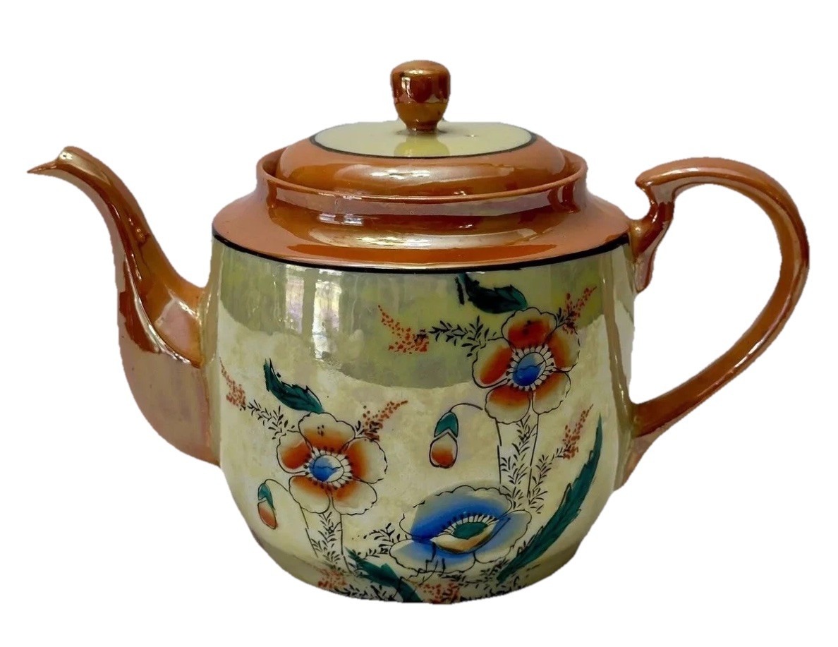VTG MCM Lusterware Teapot Made In Japan Kutani Orange Coral Flowers READ VTG MCM Lusterware Teapot Made In Japan Kutani Orange Coral Flowers READ