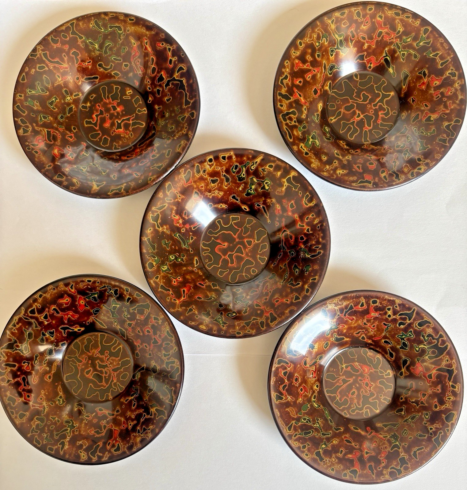 Vintage Japanese Tsugaru Nuri Lacquer Footed Plates Set of 5 with Box