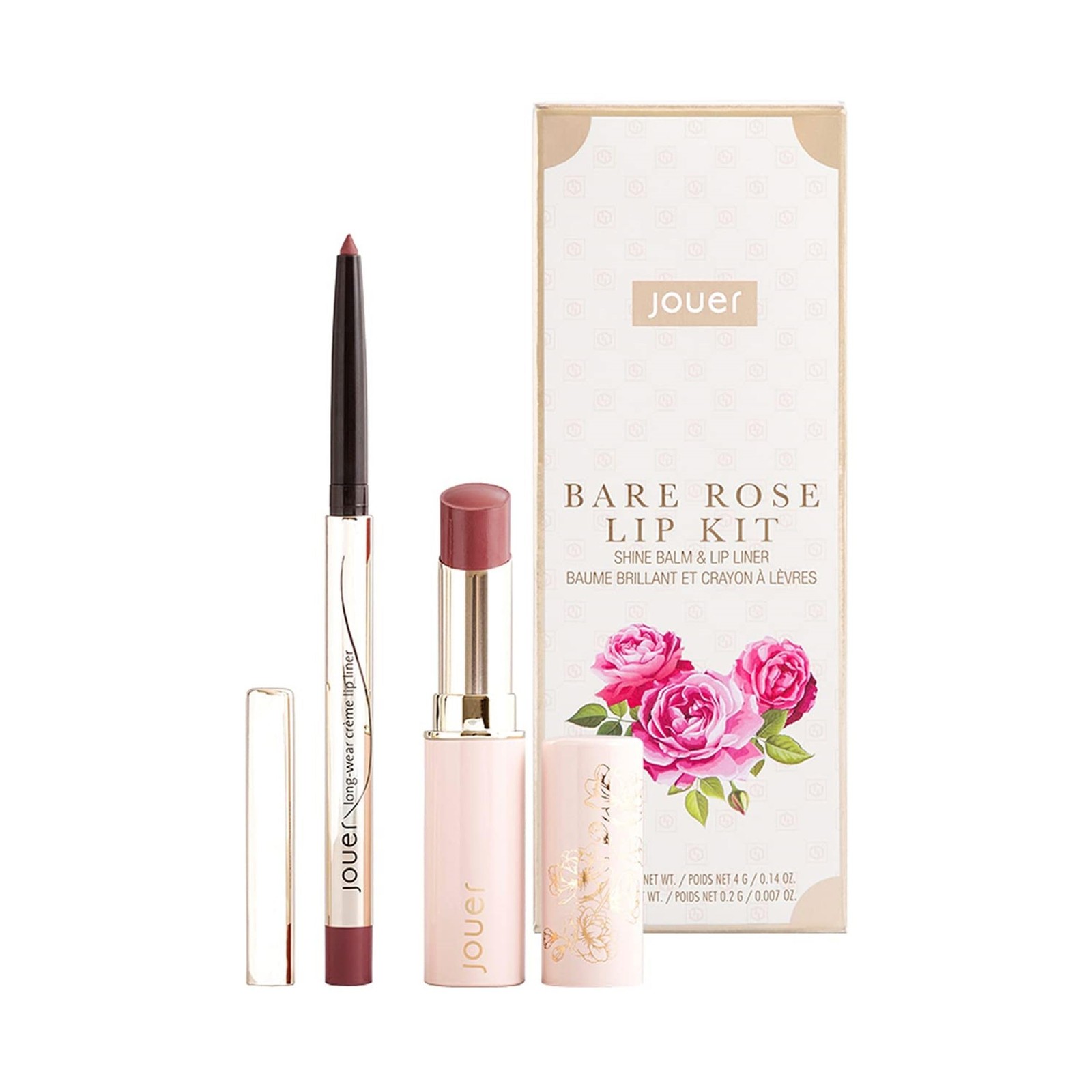 Jouer Bare Rose Lip Kit - Shine Balm Lip Liner Duo Tinted Lip Balm Maxi Lip