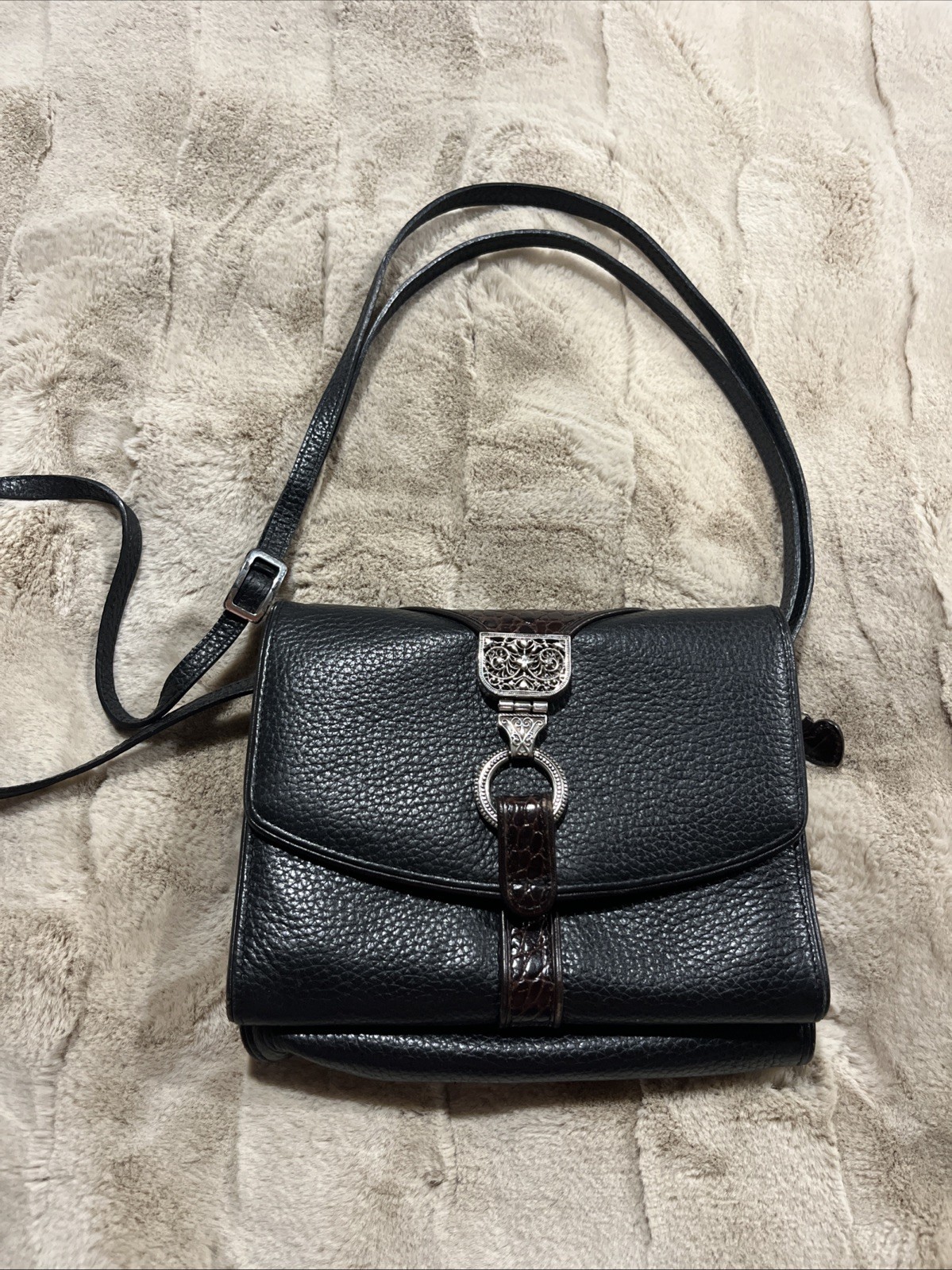 Brighton Nepal Organizer Black Pebbled Leather Croco Crossbody Wallet Purse Bag Brighton Nepal Organizer Black Pebbled Leather Croco Crossbody Wallet Purse Bag