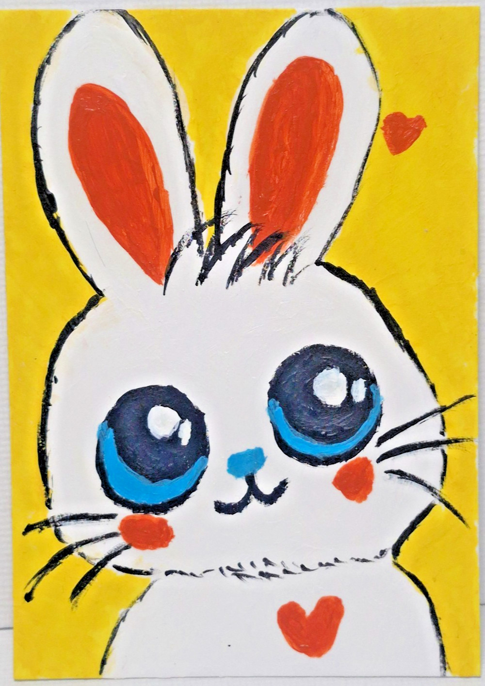 ACEO Original Painting Cute White Rabbit Bunny Hearts Whimsical Folk Art OOAK