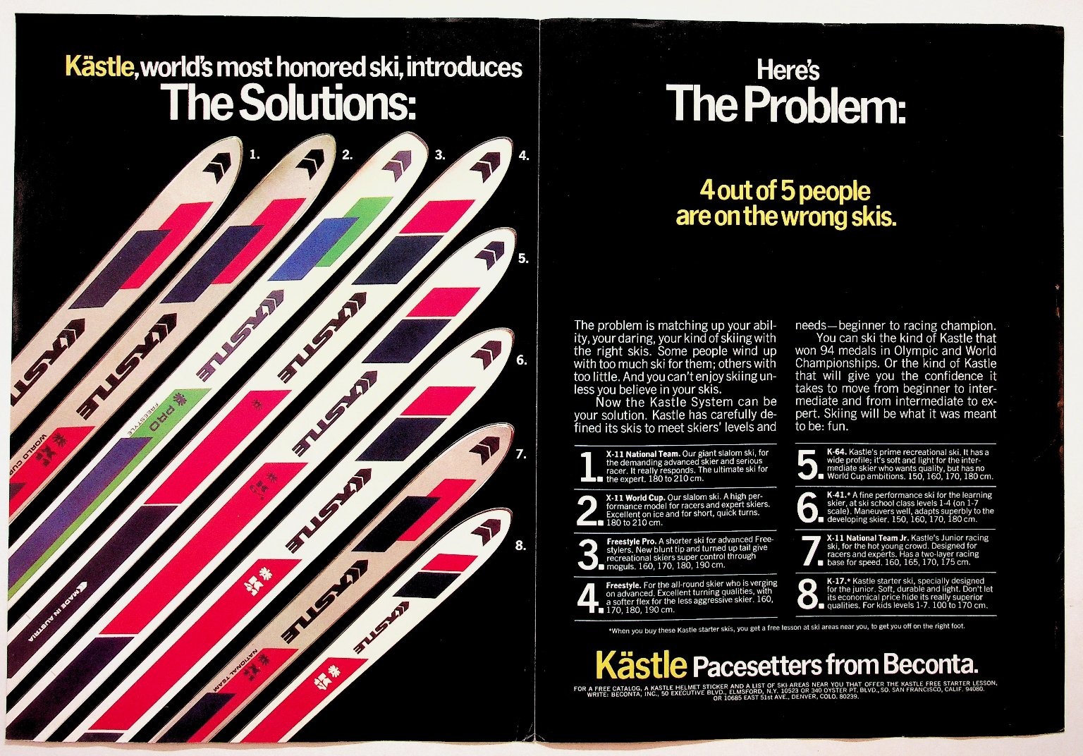 Vintage Kastle Skis Beconta 2-Page Magazine Print Ad 1970s X-11 World Cup Pro