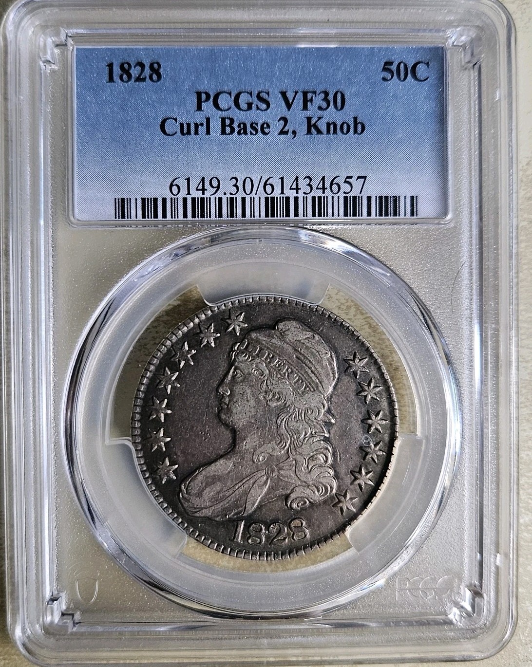 1828 Curl Base 2, Knob Capped Bust Half Dollar O-107 PCGS VF30 Very Fine Key