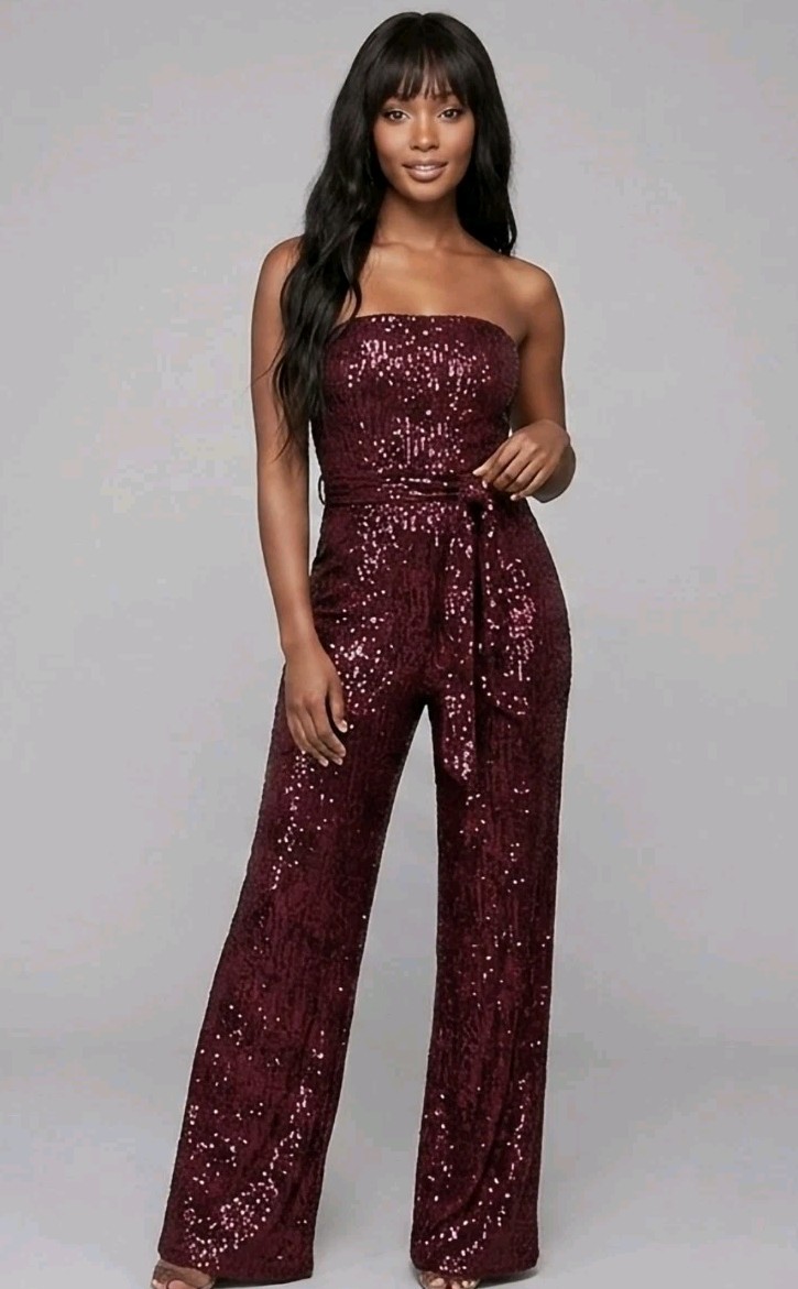 NWT LULUS Flirty Moves Wine Red Sequin Strapless Wide-Leg Jumpsuit Size M