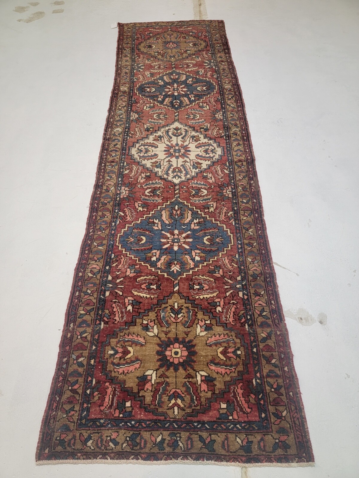 Antique Oriental Hand-Knotted Wool Runner Red/Blue/Ivory 3\'3\