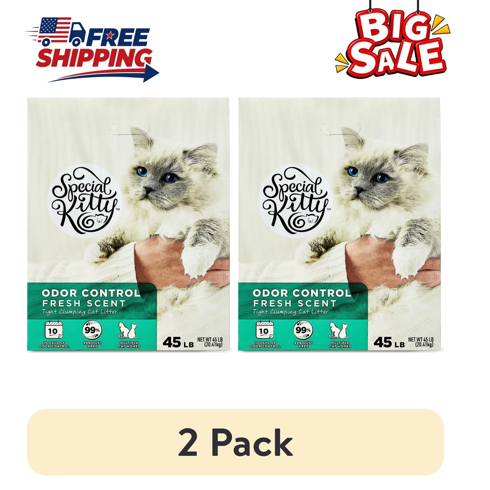 (2 pack) Special Kitty Clumping Clay Cat Litter, Fresh Scent, 45 lb Box, 1 Count