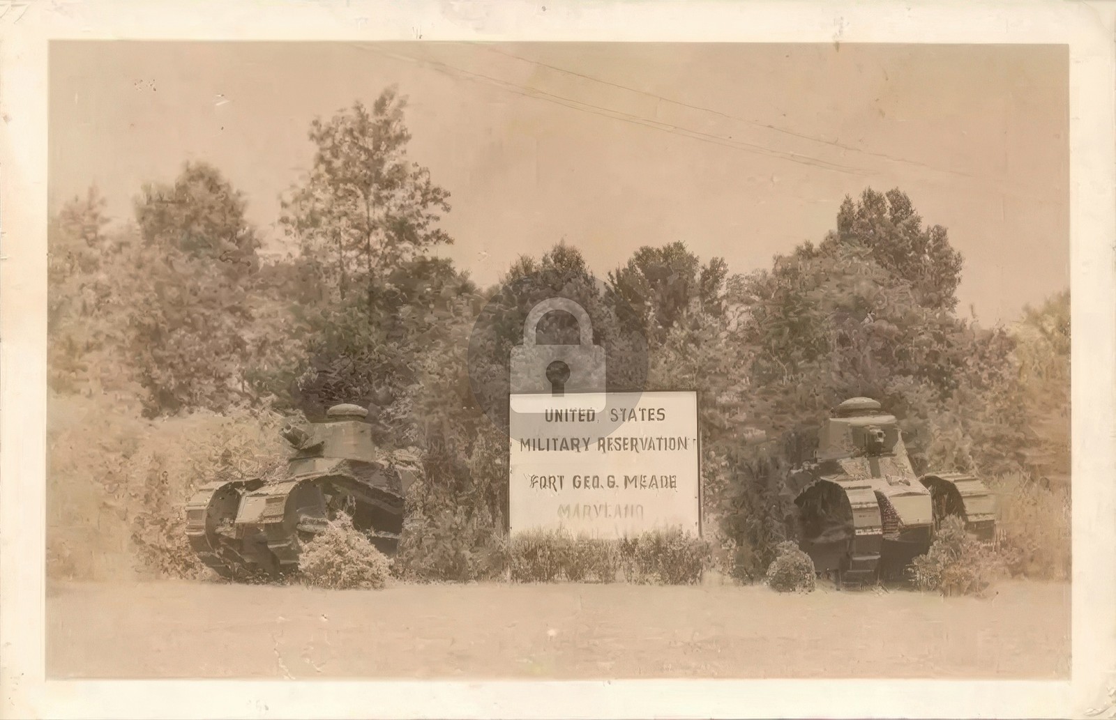 Fort Meade Welcome Sign & Tanks Army Base Tanks 1930s RPPC Photo Postcard COPY