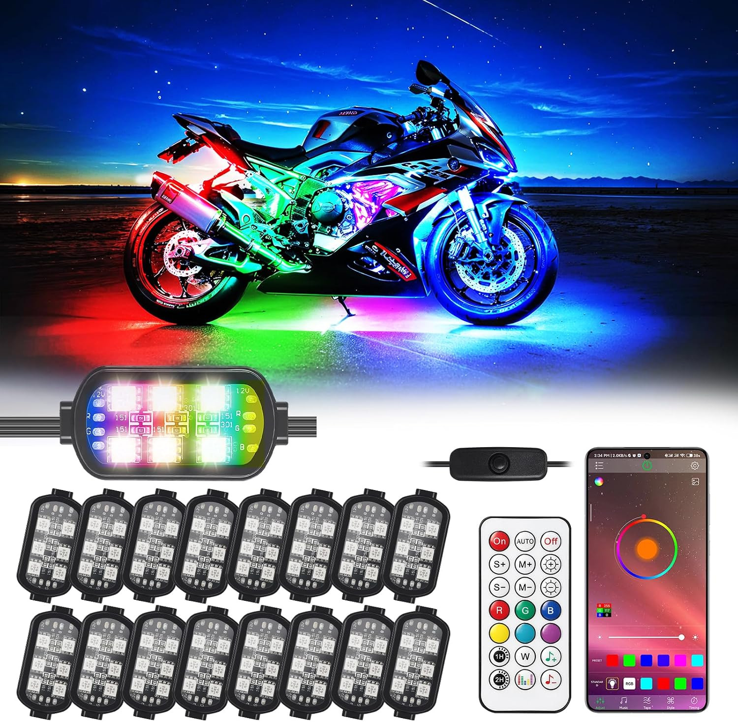 16Pcs Motorcycle RGB LED Underglow Kit Chasing App/RF Music Brake Signal IP68 16Pcs Motorcycle RGB LED Underglow Kit Chasing App/RF Music Brake Signal IP68
