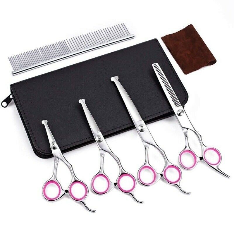 Pink Pet Dog Grooming Scissors Set Straight Curved Thinning Shears Fur Clippers