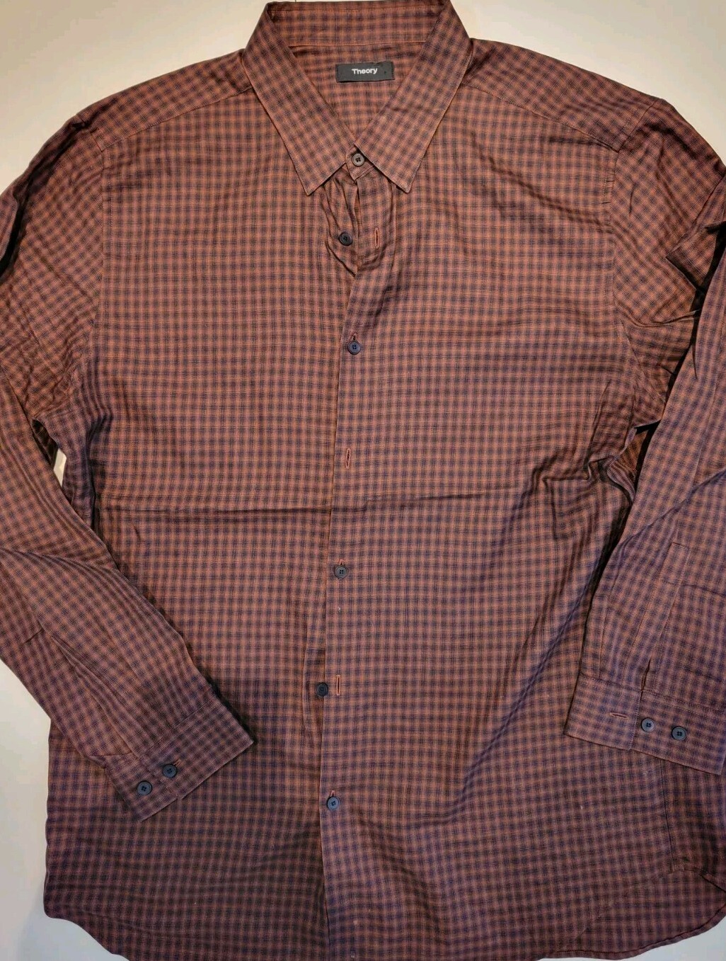 Theory Shirt Men\'s Large Irving Dk Pimento Multi Fade Check Button Up plaid XL Theory Shirt Men\'s Large Irving Dk Pimento Multi Fade Check Button Up plaid XL