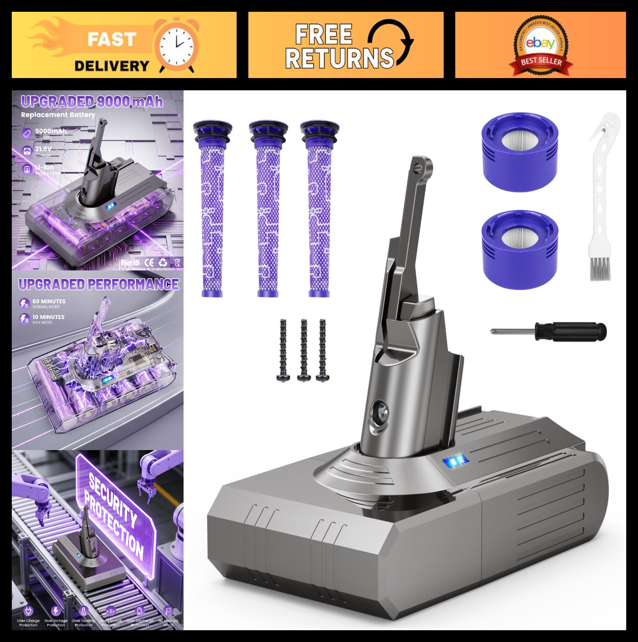High-Capacity 9000mAh Replacement Battery for Dyson V8 + 5 Filters, 60 Min Run T
