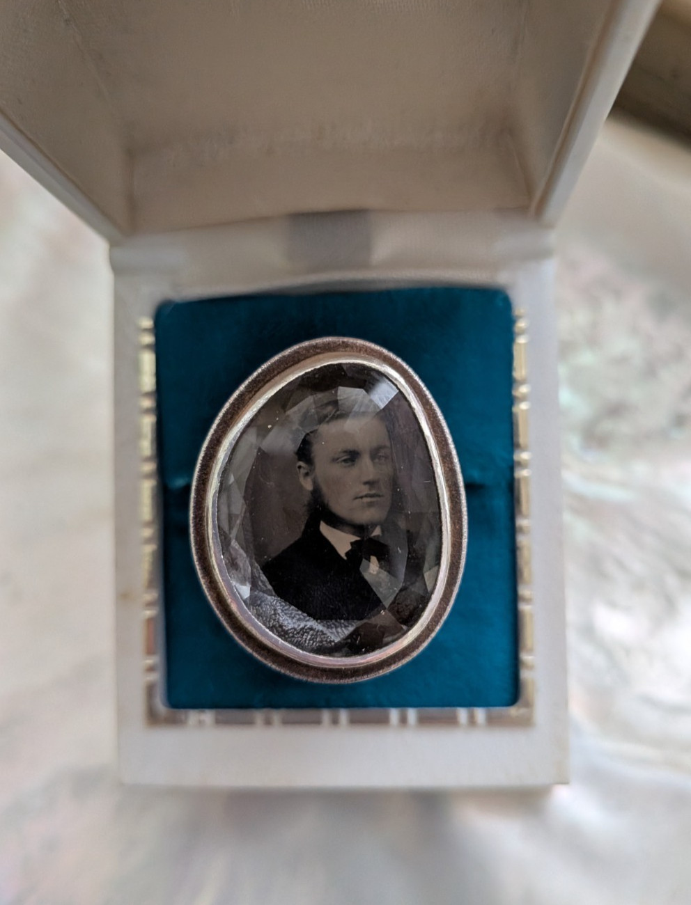 Sterling Silver Ring with Antique Tintype Picture Under Rock Crystal Quartz 