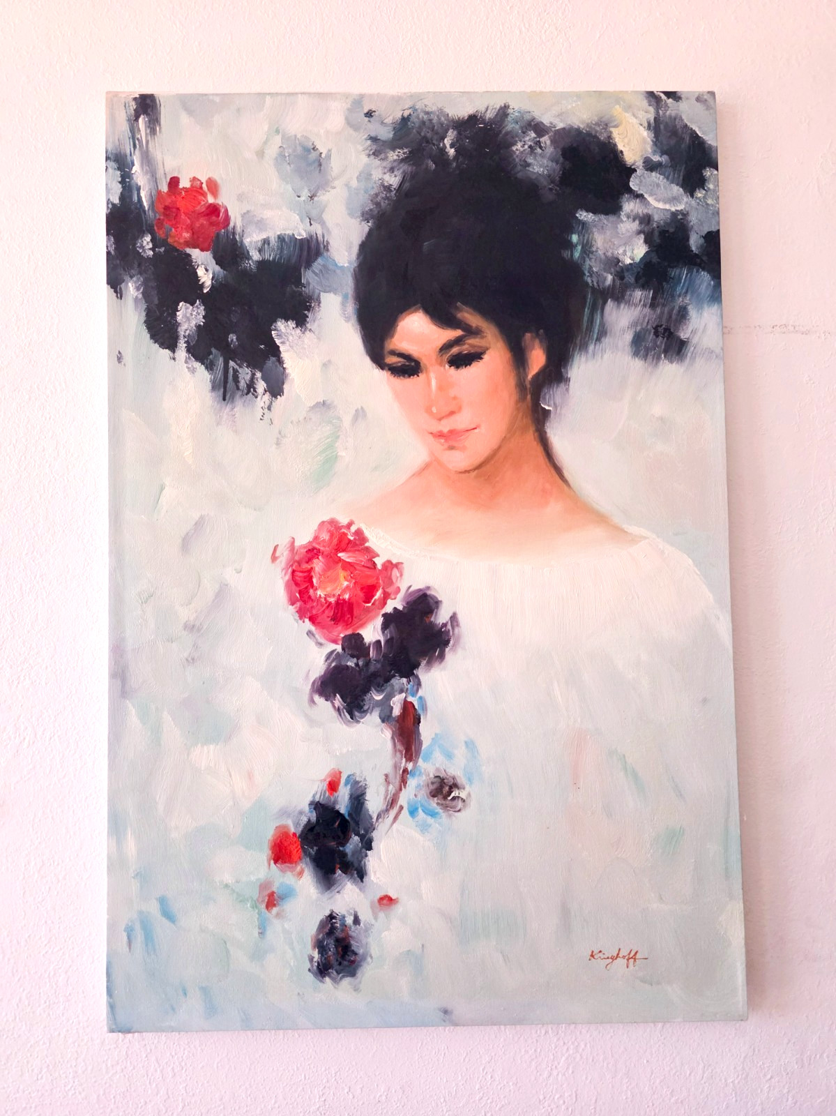 Vintage 1970s Signed Woman Rose Portrait Painting 24x36 Original Acrylic Art