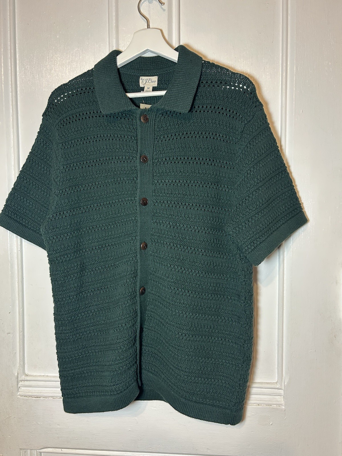 NWT J. Crew Men Green Cotton Open Stitch Short Sleeve Polo Cardigan Sweater M