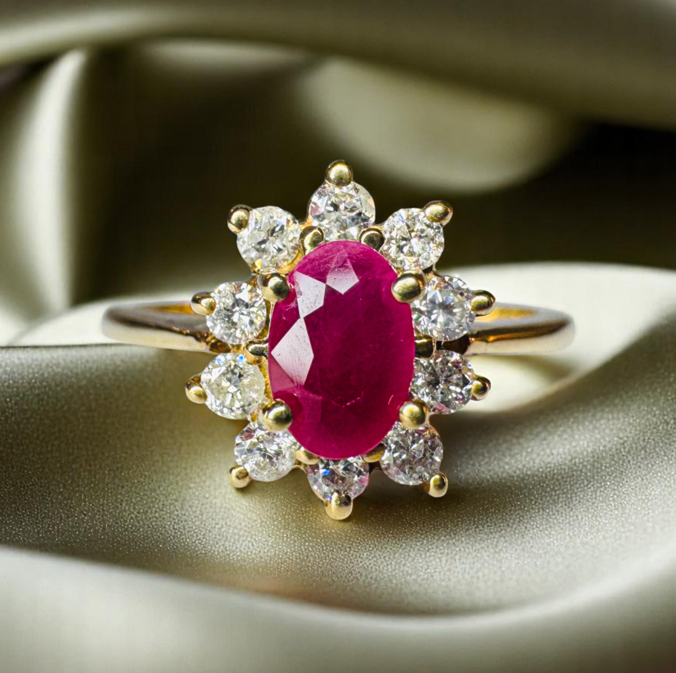 VINTAGE 10K Gold Natural Burmese Ruby Halo Diamond Ring- Sz 7.25- 1CT Ruby Ring