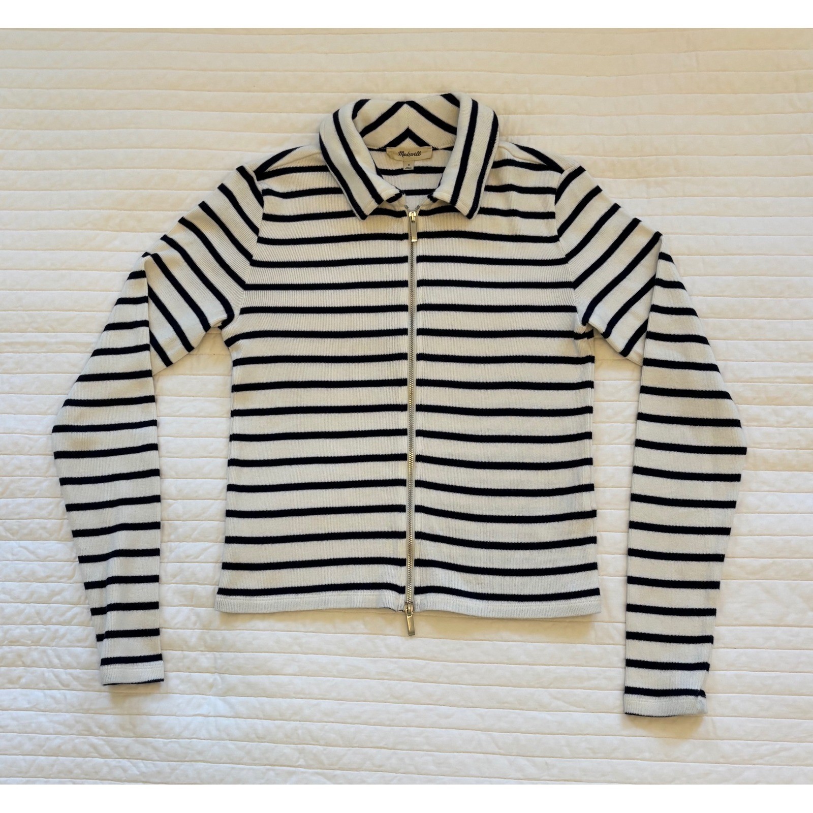 Madewell Nautical Hamptons Preppy Cotton Navy White Striped Ribbed Zip Front S