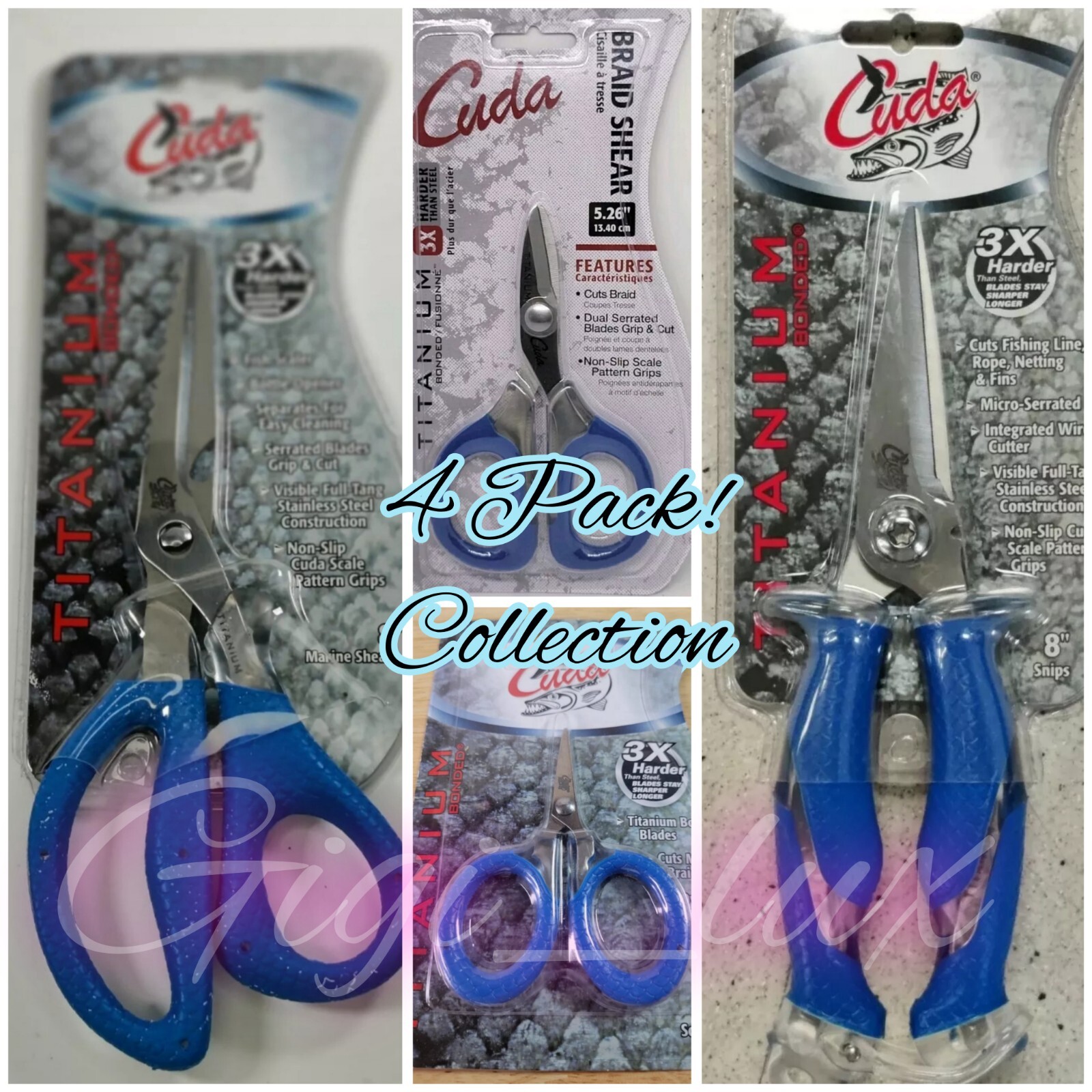 Cuda Titanium Bonded Fishing Scissors 4 PACK 3X Harder Then STEEL Blue No Slip Cuda Titanium Bonded Fishing Scissors 4 PACK 3X Harder Then STEEL Blue No Slip